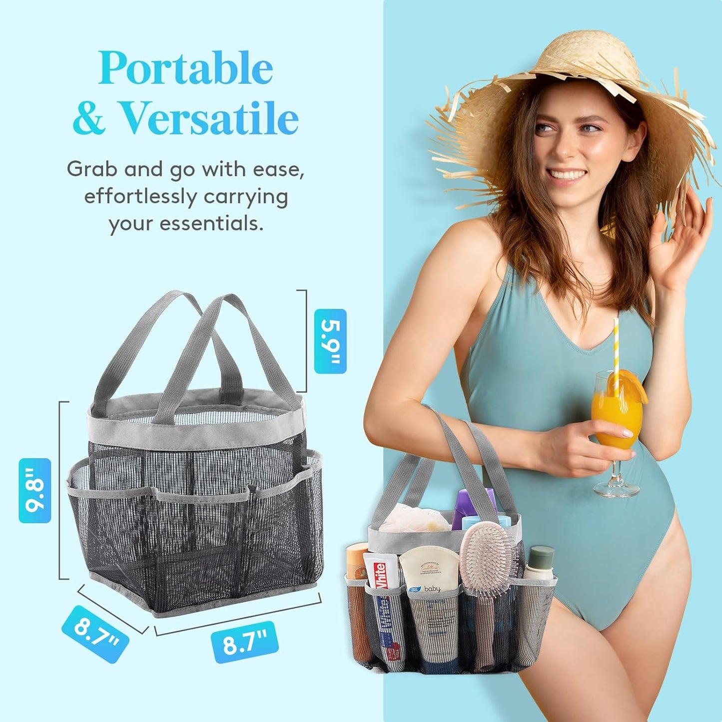 Lifewit Mesh Shower Caddy Freestanding Portable Shower Tote Bag for College Dorm, Bathroom, Gym, Quick Dry Hanging Shower Organizer with 7 Storage Pockets for Toiletry Essentials, Large, Light Gray