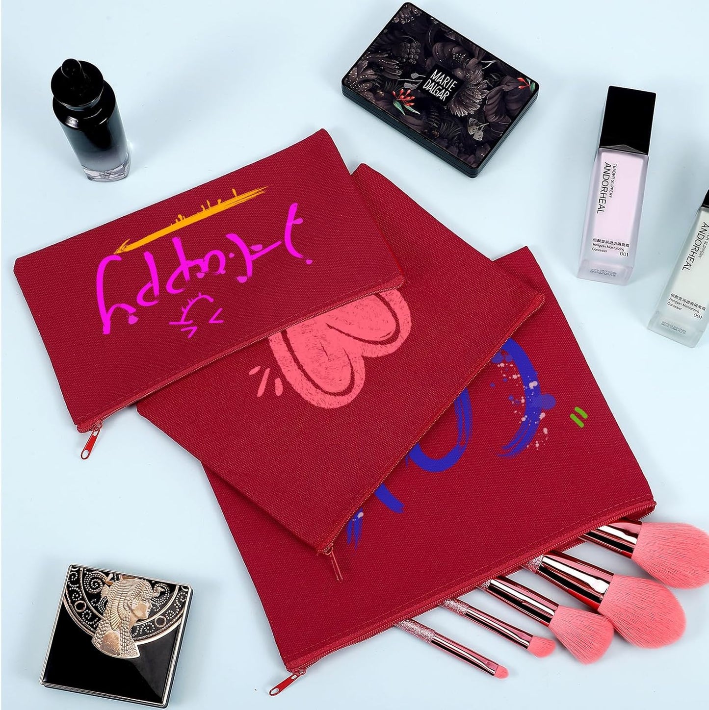 12 Pieces Cotton Canvas Makeup Bag, Multipurpose Cosmetic Bag with Zipper Travel Toiletry Pouch, Blank DIY Craft Bag (Red, L)