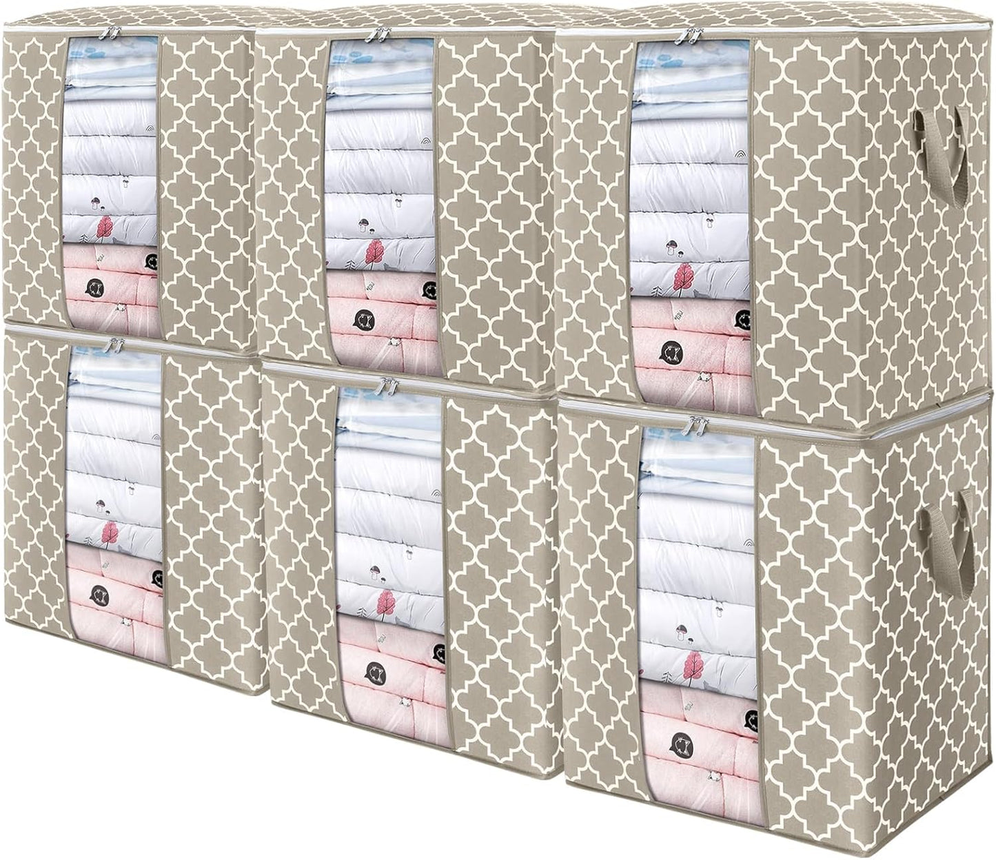 WISELIFE Storage Bags 6 Pack/100L Large Blanket Clothes Organization and Storage Containers for Comforters,Bedding, Foldable Organizer with Reinforced Handle, Clear Window, Sturdy Zippers,Beige