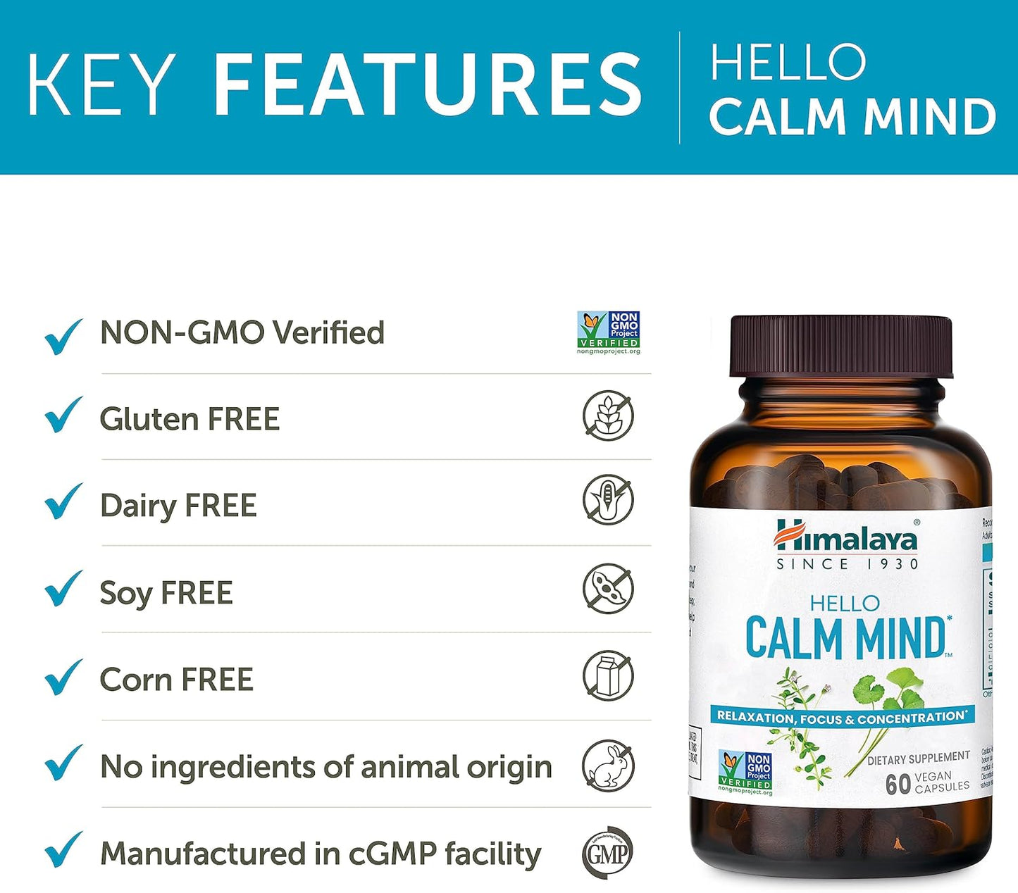 Himalaya Hello Calm Mind Herbal Supplement, with Bacopa, L-Theanine, Gotu Kola, Supports Concentration & Focus, Cognitive Function, Clear Thinking, Relaxation, Vegan, Gluten Free, 60 Capsules