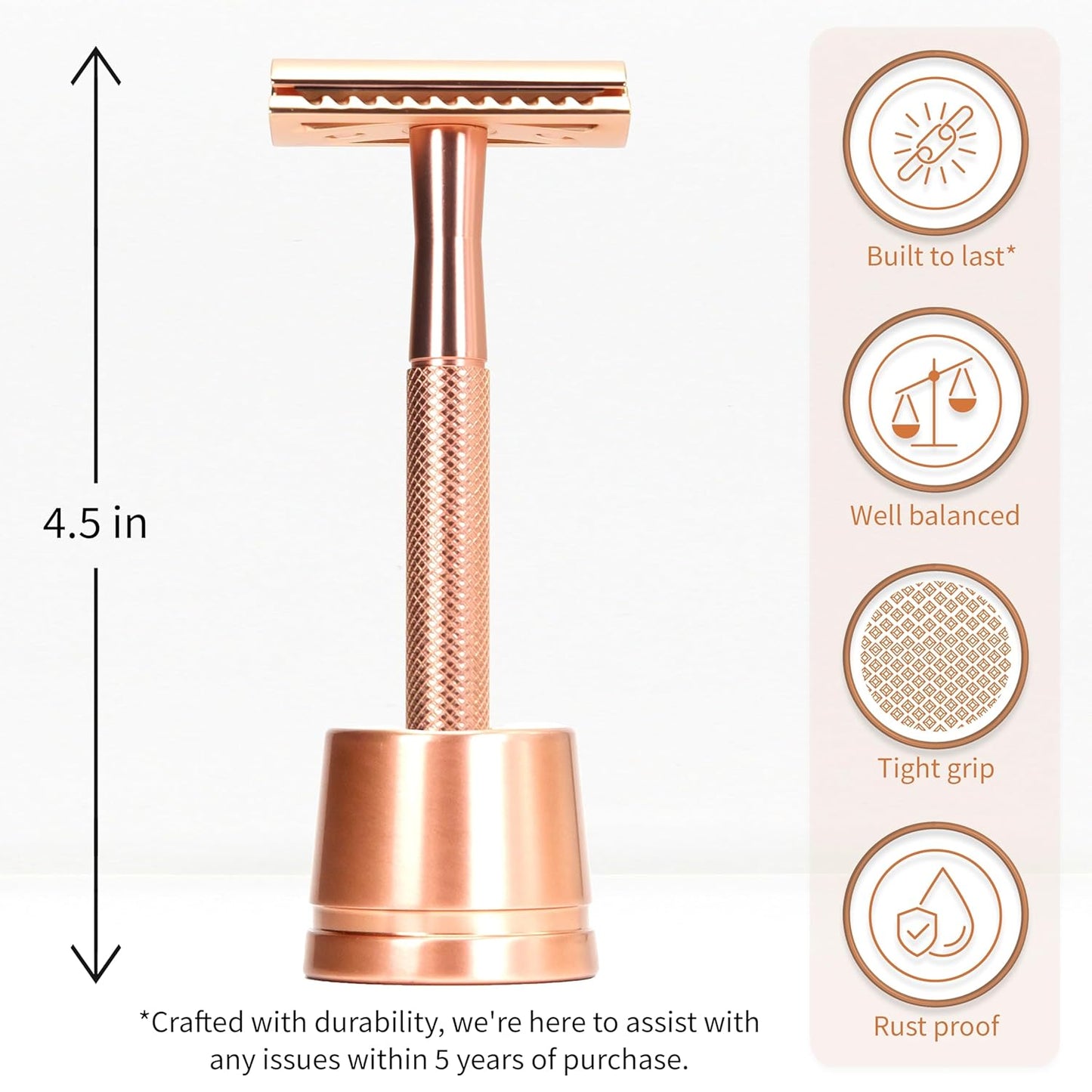 Bambaw Double Edge Safety Razor with Stand, Women Razor with 5 Double Edge Safety Razor Blades, Plastic Free Metal Razor – Rose Gold