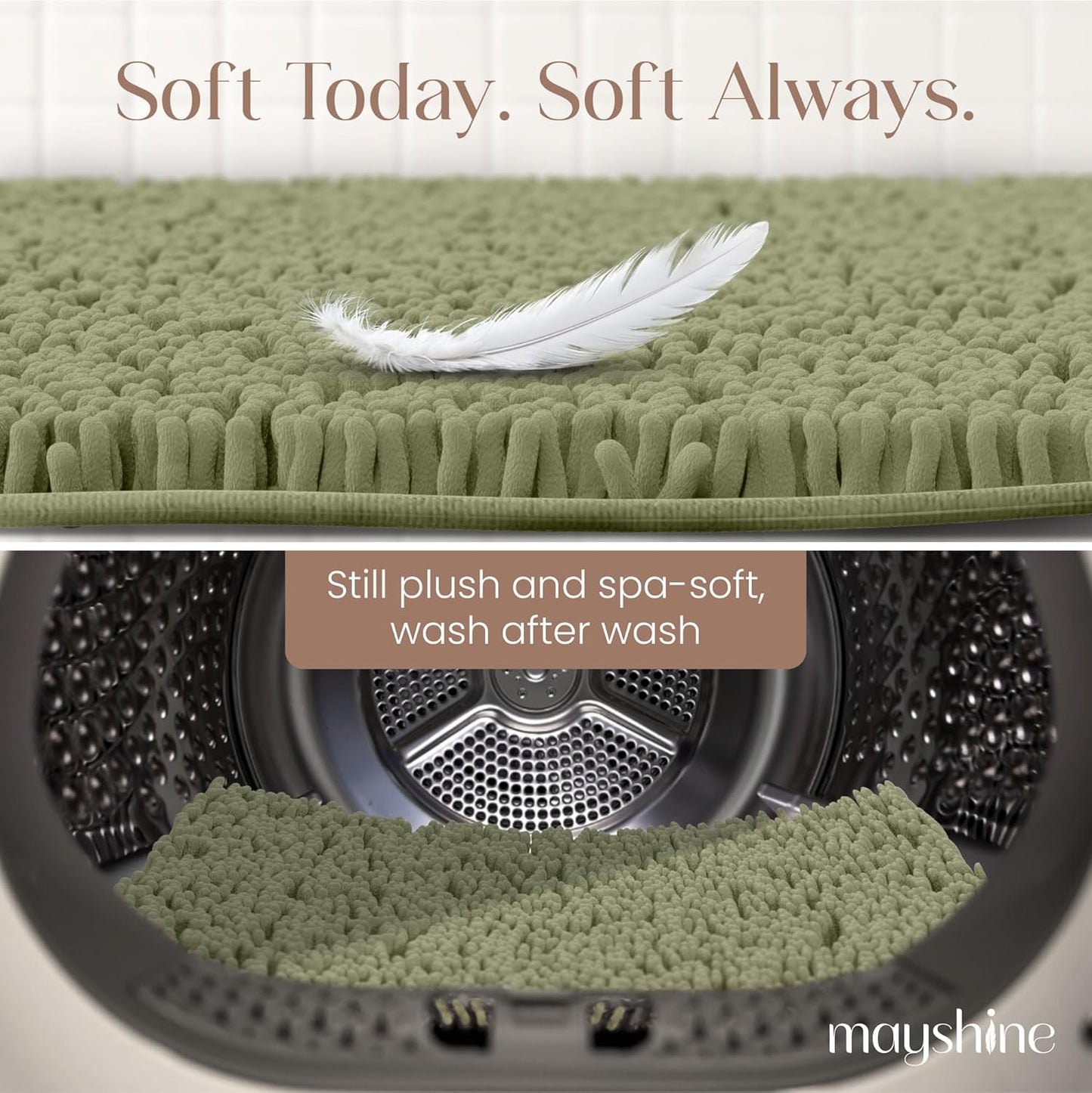 MAYSHINE Plush Shaggy Chenille Bath Mat | Extra Soft, Super Absorbent, Non-Slip Bathroom Rug | Fluffy Microfiber, Area Rug Sets for Bathroom Floor, Kitchen, Living Room | 24"x17" | Sage Green