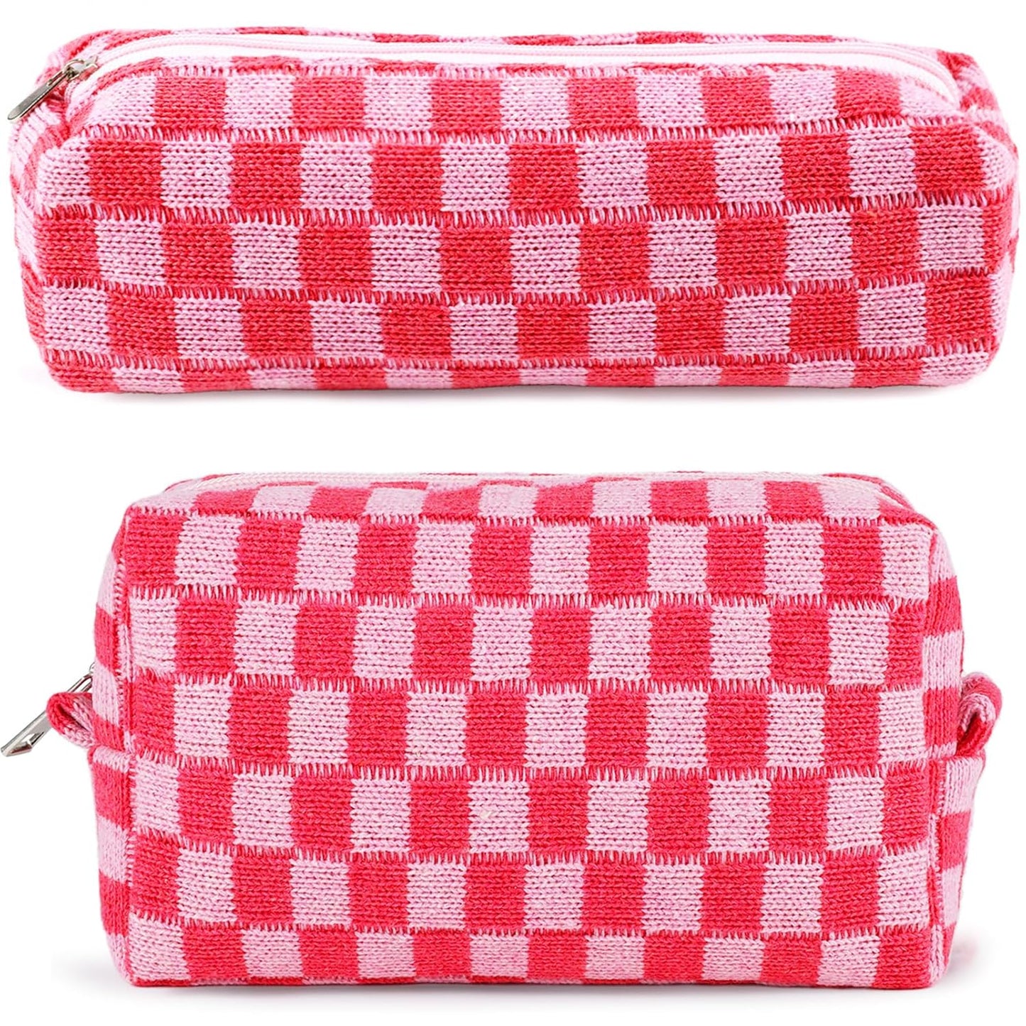 2Pcs Checkered Pencil Case Cute Pencil Pouch for Teens Checkered Makeup Bag Travel Cosmetic Bag Set Cute Makeup Pouch for Purse Portable Zippered Skincare Bags Preppy Toiletry Bags Organizer(Pink)