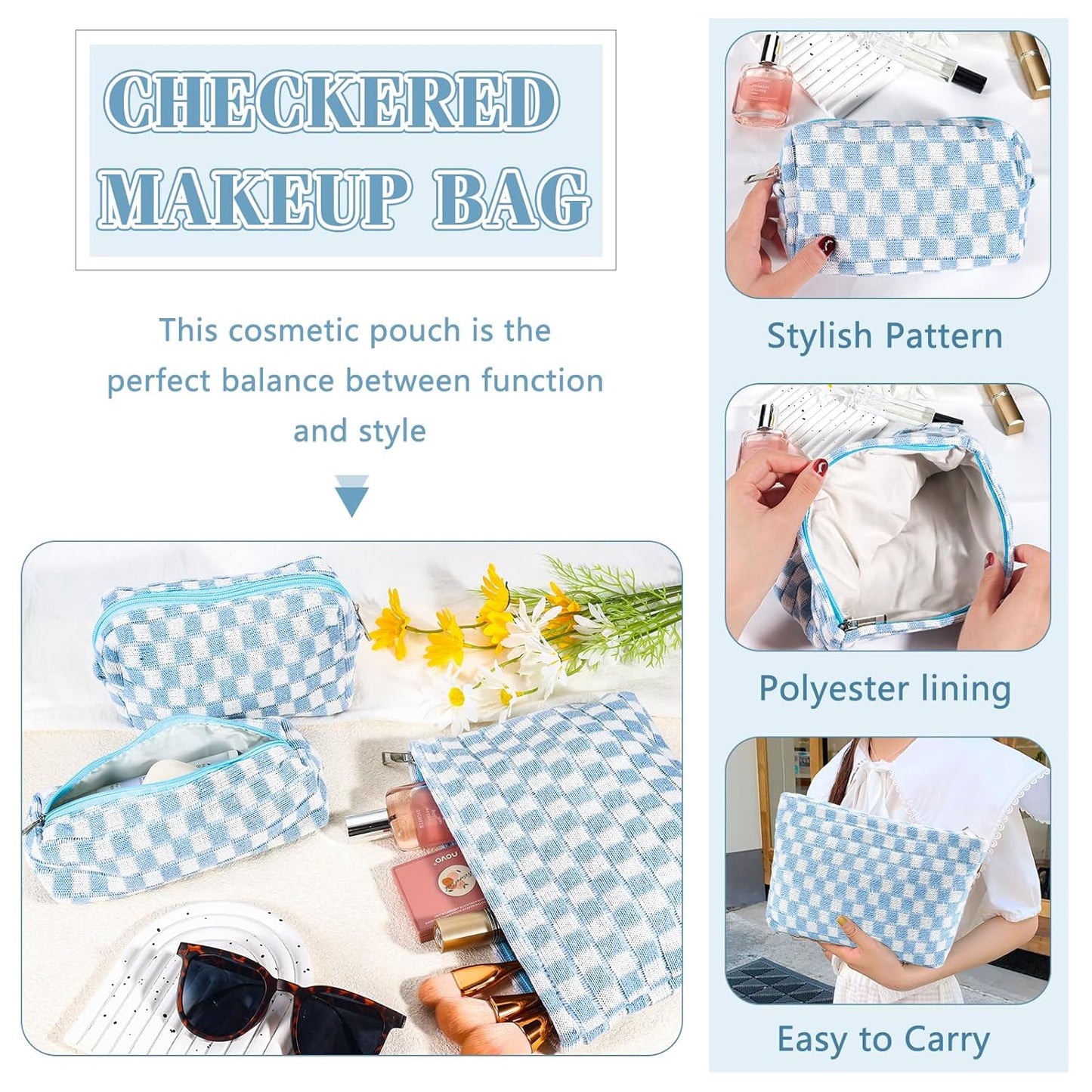 ZLFSRQ 3Pcs Checkered Makeup Bag for Women Large Small Checkered Cosmetic Bag Set Aesthetic Preppy Pencil Case Cute Pencil Pouch Blue Makeup Pouch for Purse Travel Toiletry Bags Zipper Skincare Bags