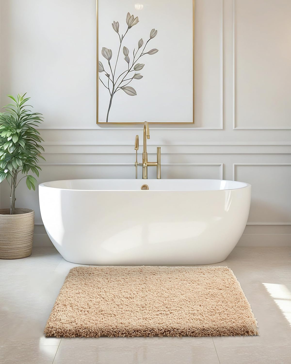 ILANGO Beige Bathroom Rugs 36" × 24" Non Slip & Super Absorbent Extra Thick Soft, Washable Bath Mat for Floor, Microfiber Plush Shaggy Bath Rug with Rubber for Bathtub Shower Room Sink