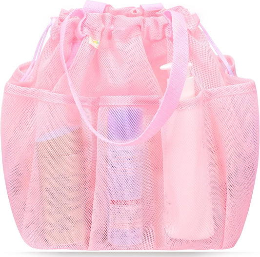 Mesh Shower Caddy Portable with Drawstring, Dorm Room Essentials for College Students Girls, Large Shower Bag for Camping,Swimming,Gym,Travel,Bathroom - Pink