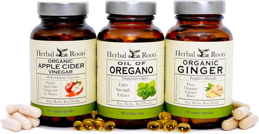 Herbal Roots Digestive Support Trio, Oil of Oregano, Certified Organic ACV & Ginger Herbal Supplements - Non-GMO