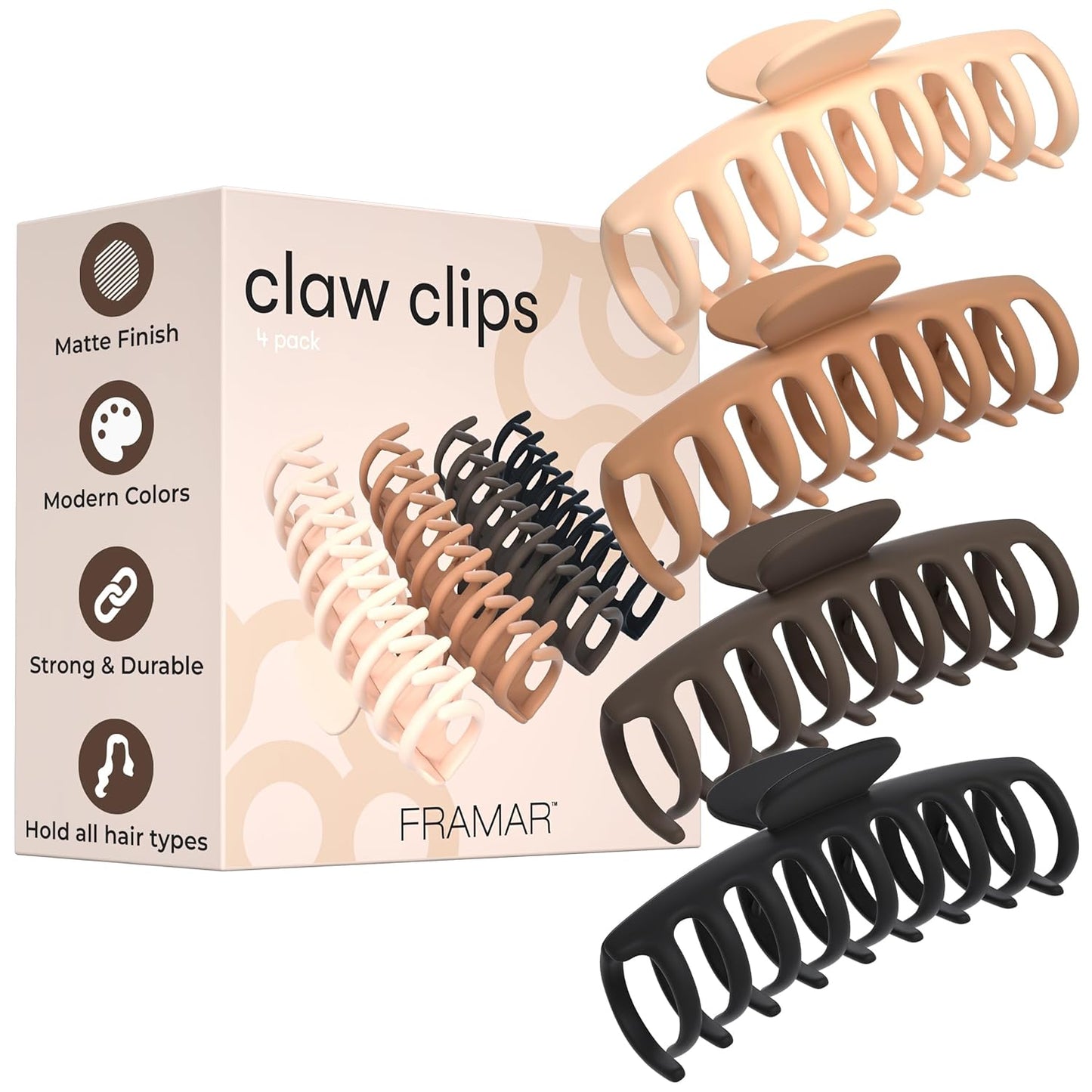 FRAMAR Extra Large Claw Clips For Thick Hair – Hair Claws Pack, Large Hair Clips For Thick Hair, Claw Clip Pack, Hairclips, Hairclips. For Women, Ganchos Para El Cabello – Non Slip Matte Finish