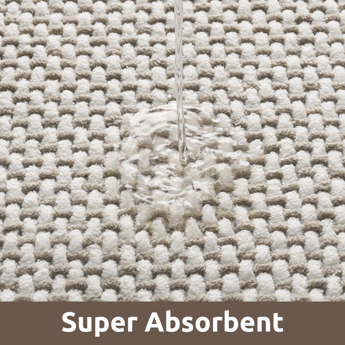 AMOAMI Chenille Bath Mat Super Absorbent Bathroom Mat Quick Dry Bath Mats for Bathroom Rubber Backed Bathroom Rugs Non Slip Washable Fit Under Door, Front of Bathtub, Sink, Beige&White 17"x24"