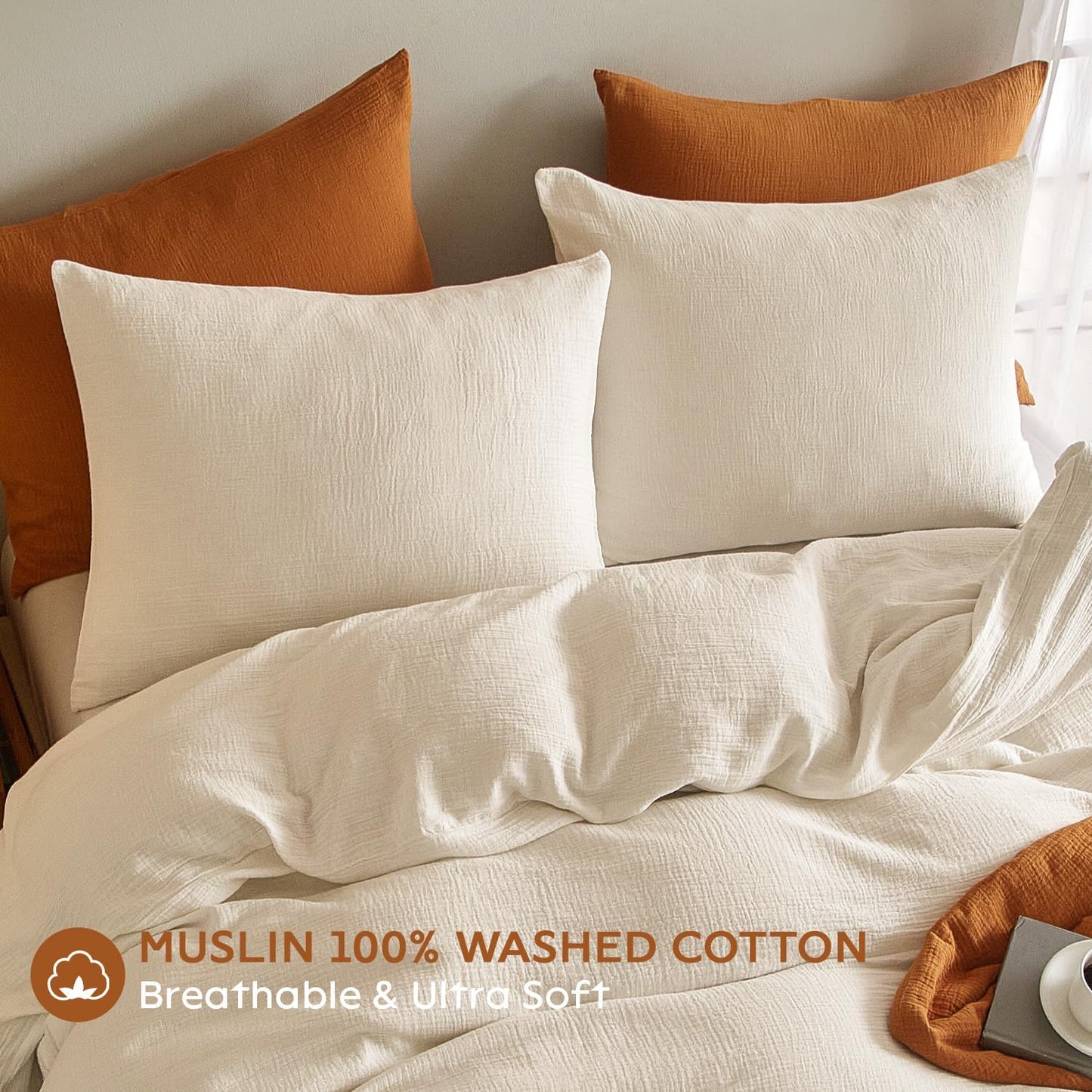 SE SOFTEXLY Muslin Pillowcases Standard Size 100% Cotton, 2 Pack Linen Like Pillow Shams with Envelope Closure, Ultral Soft and Breathable Pillow Case Covers, Off-White, 20" X 26", No Filling