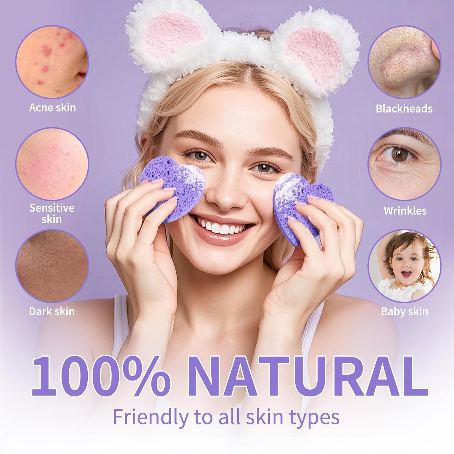 100-Count Compressed Facial Sponges, Heart Shape Face Sponge for Cleansing, Natural Cosmetic Spa Sponges for Facial Cleansing, Exfoliating Mask (Purple Heart Sponges)