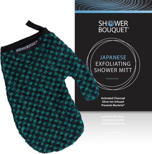 Japanese Exfoliating Mitt for Shower [Green] - Charcoal & Silver Ion Exfoliating Glove - Gentle Exfoliation & Deep Cleansing Shower Mitt - Exfoliating Body Scrubber Glove, Soft Fabric Inside