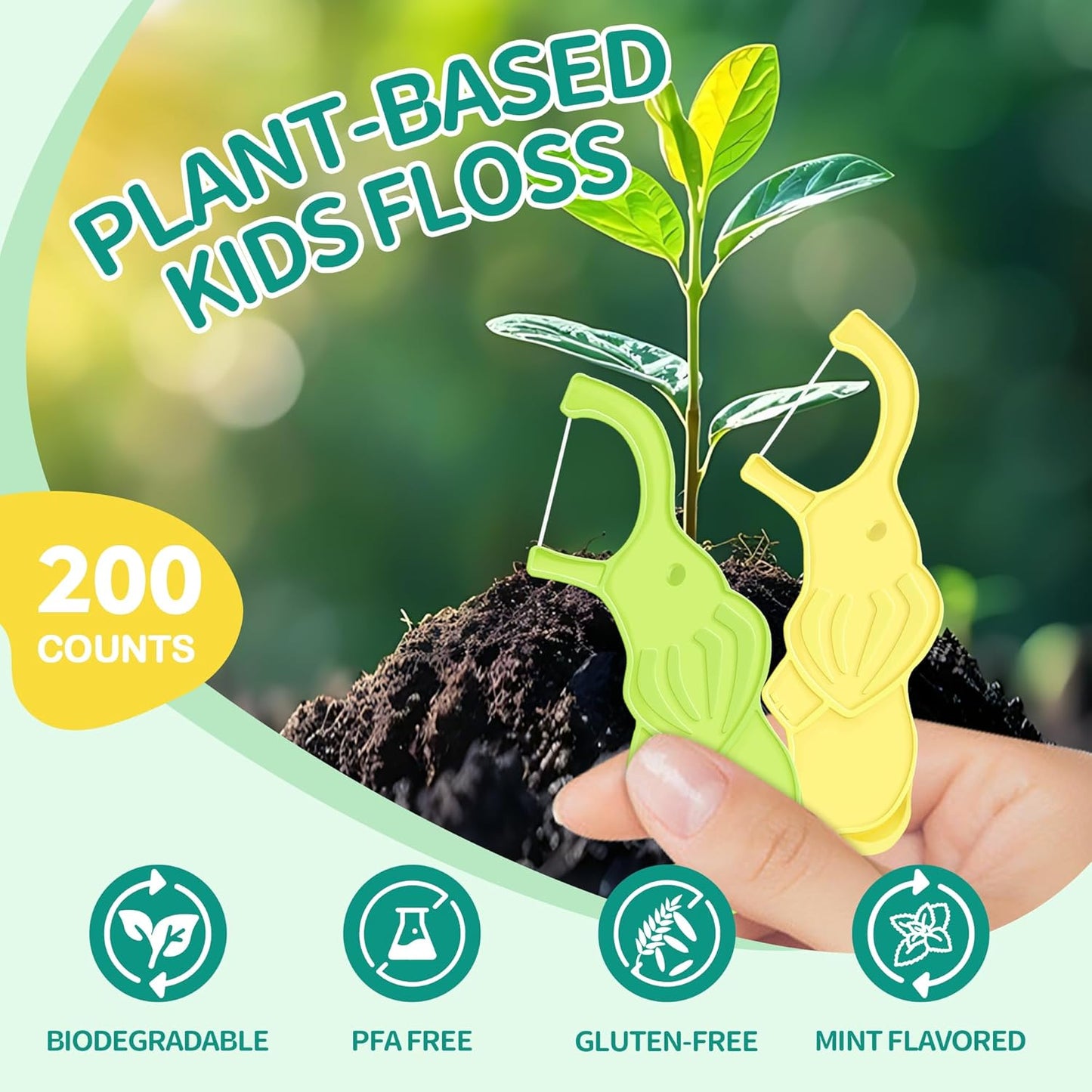 Biodegradable Kids Flossers, Cute Elephant Floss Picks, No Fluoride BPA Free Eco Friendly Dental Floss Picks, Mint Flavored, 2 Colors, 50 Count (Pack of 4)