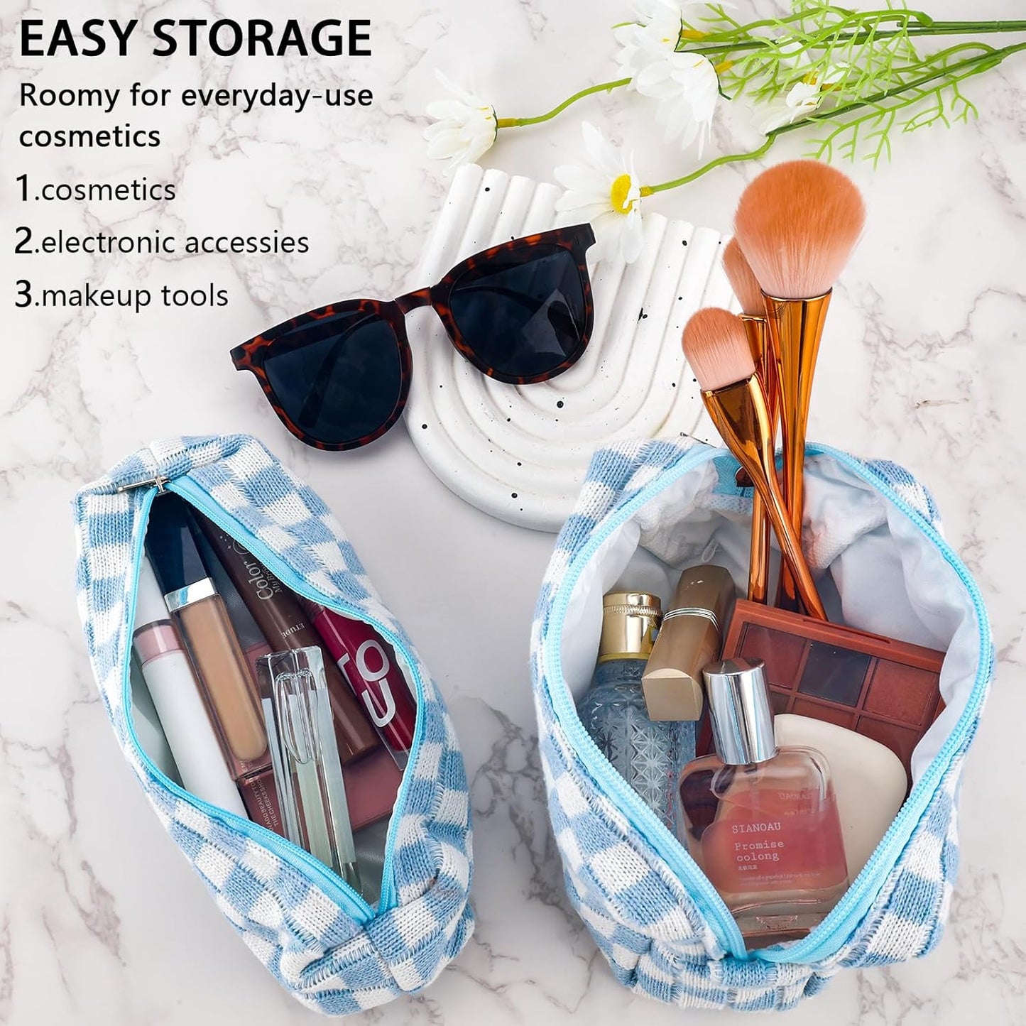 2Pcs Checkered Pencil Case Cute Pencil Pouch for Teens Checkered Makeup Bag Travel Cosmetic Bag Set Cute Makeup Pouch for Purse Portable Zippered Skincare Bags Preppy Toiletry Bags Organizer(Blue)