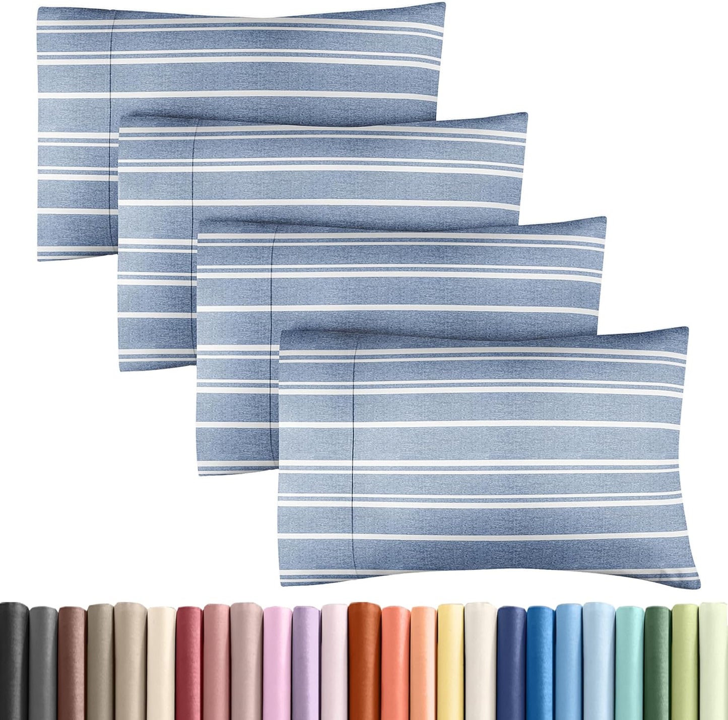 Queen Pillow Cases Set of 4 - Ultra Soft Hotel Quality Pillowcase Covers - Comfy, Cozy & Wrinkle Free - Shrinkage and Fade Resistant - Machine Washable Pillow Protectors - 4 Piece Set - Blue Stripes 3