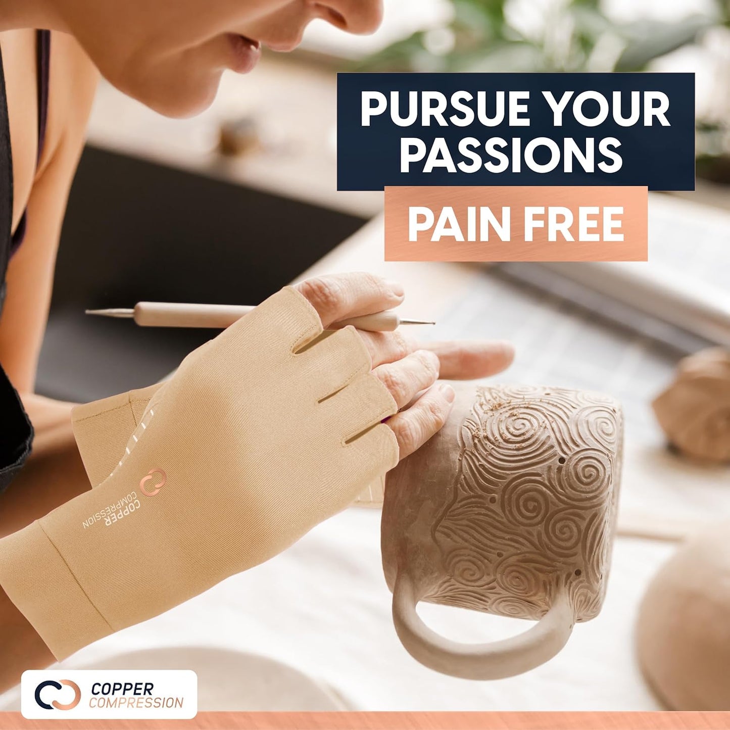 Copper Compression Arthritis Gloves | Fingerless Arthritis Carpal Tunnel Pain Relief for Men & Women | Hand Support Wrist Brace for Neuropathy, Rheumatoid, Tendonitis, Swelling, Crocheting Nude (L)