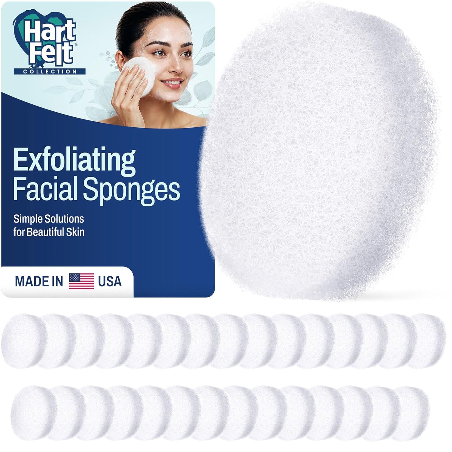 HartFelt Round Face Scrubber for Women | Reusable Facial Sponges for Daily Cleansing | Facial Exfoliating Pads for Removing Dead Skin, Dirt & Makeup | Use with Favorite Cream | Made in USA - 30 Count