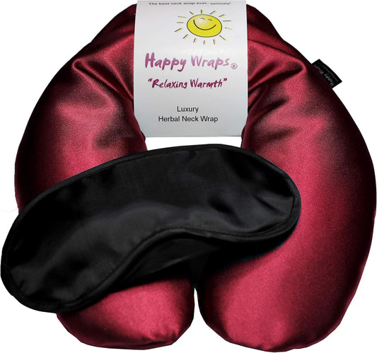 Microwavable Herbal Neck Wrap - Hot Cold Aromatherapy Neck Warming Pillow - Heating Pad for Migraines, Stress, Gifts for Women, Birthdays, Christmas and Free Sleep Mask - Ruby Satin