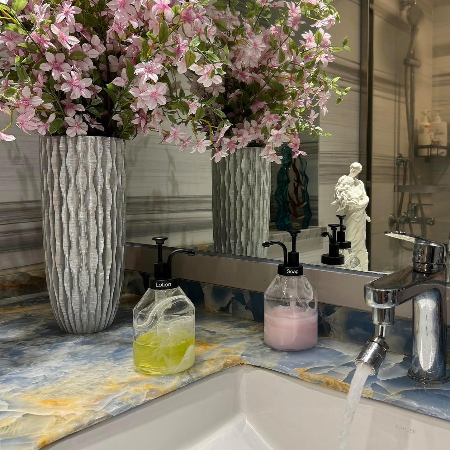 Bathroom Glass Soap Dispenser Set, 2 Pcs Unique 3D Cloud Pattern Thick Glass Soap Bottle with Rust-Free Black ABS Pump for Kitchen Counter Dish Soap Dispenser (375ml/12.7 Oz)