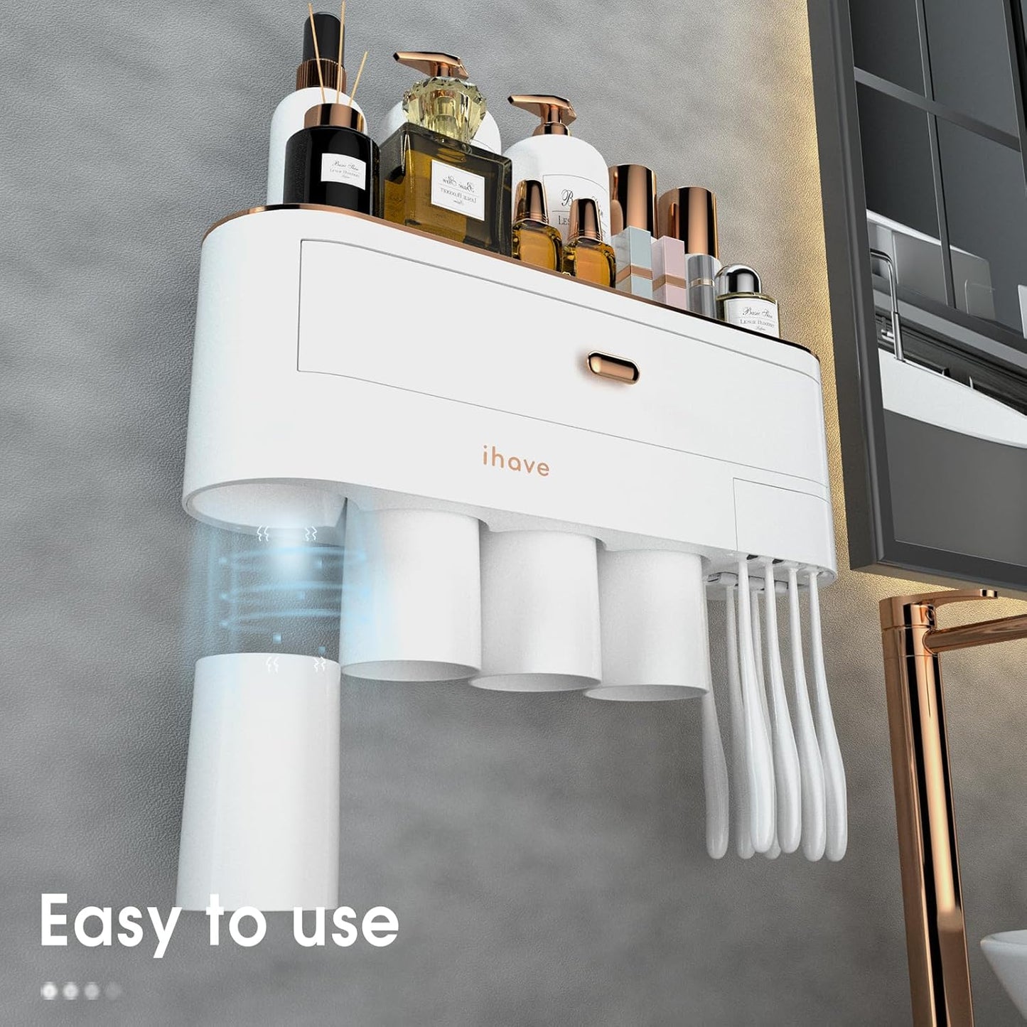 iHave Toothbrush Holders for Bathrooms, 4 Cups Toothbrush Holder Wall Mounted with Large Capacity Drawer and Tray - Bathroom Storage & Bathroom Organizer