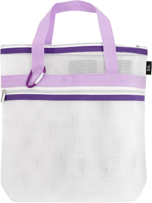 S&T INC. Mesh Shower Caddy, Shower Bag for Dorm Room Essentials, Gym Bag, Camping and More, Two Zippered Pockets, White and Purple, 10 Inches x 10 Inches