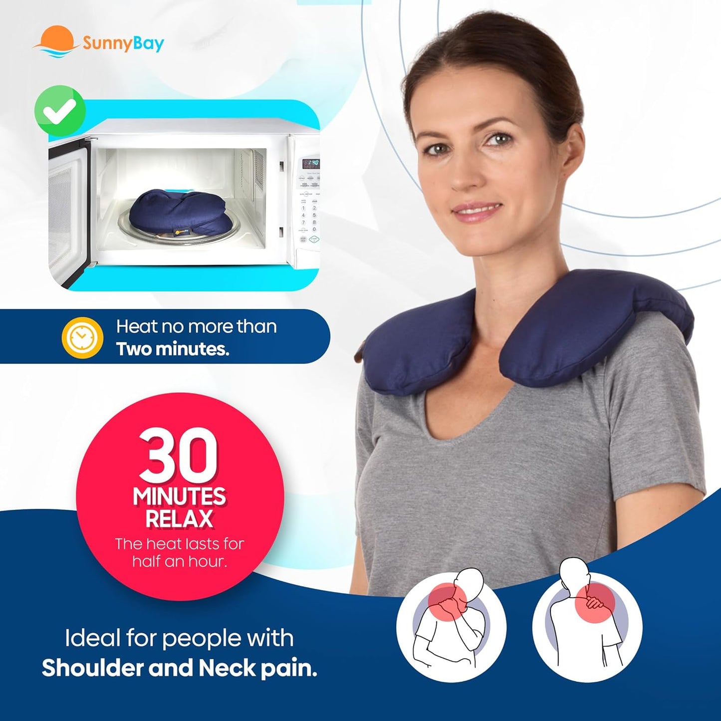 SunnyBay Microwave Heating Pad, Microwavable Cold or Heated Neck Pillow with Shoulder Coverage, 2.5 lb Moist Bean Bag Compress with Washable Cotton Cover,15x15 inches (Unscented Blue)