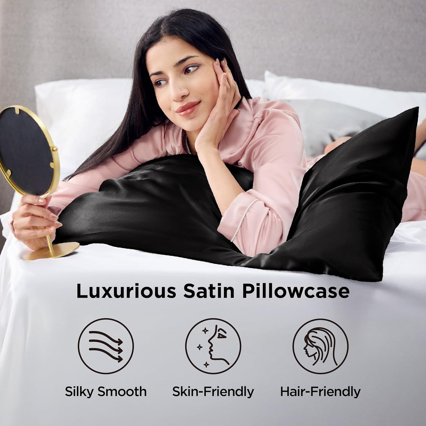 Bedsure King Size Satin Pillowcase Set of 2 - Black Silky Pillow Cases for Hair and Skin with Envelope Closure, Similar to Silk Pillow Cases, Gifts for Women Men, 20x36 Inches, 2pcs