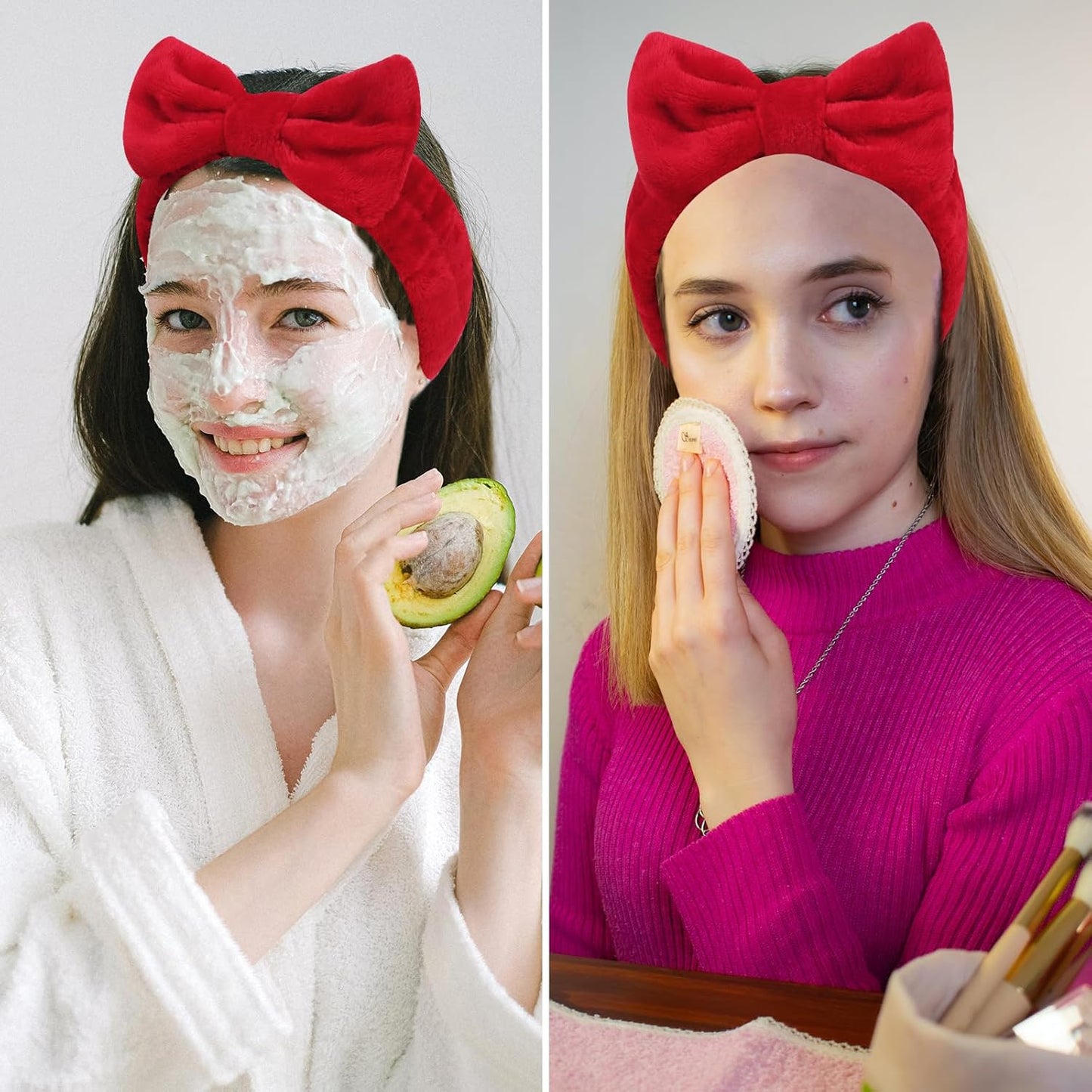 Ondder Spa Headband for Washing Face 8 Pack Red Skincare Headbands for Women Girls Terry Cloth Cute Makeup Headbands Head Bands with Bow