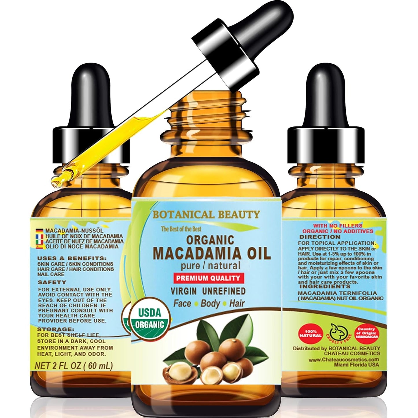 Botanical Beauty Organic MACADAMIA OIL 100% Pure Natural VIRGIN UNREFINED Cold-Pressed Carrier Oil for Face, Skin, Body, Hair, Lip, Nails. Rich in Vitamin E (2 Fl Oz)