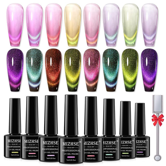 MIZHSE 9D Cat Eye Gel Nail Polish 8 Colors, Neon Collection Magnetic Gel Polish Set with Magnet Stick, Chameleon Color Shifting Cateye Nail Effect Soak Off Nail Art Manicure Home Ladies Gift