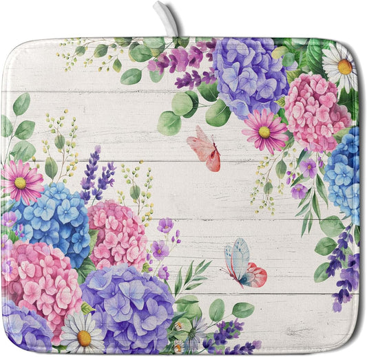 Hydrangea Floral Dish Drying Mat 16x18 inch Spring Summer Decorative Fast Dry Dishes Draining Mats Absorbent Microfiber Drainer Rack Pad
