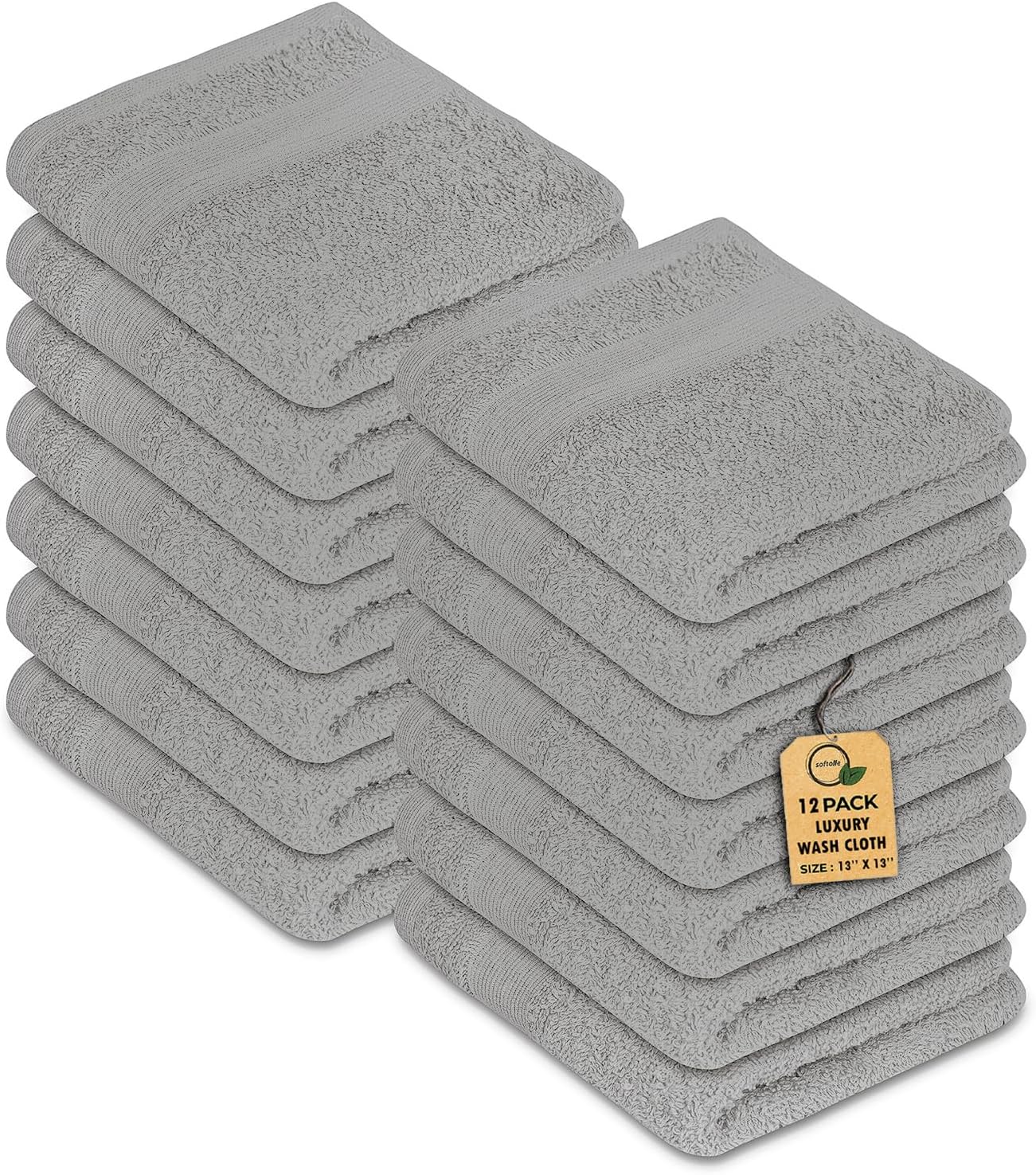 Premium Wash Cloths Pack of 12 (13" x 13") 100% Ring Spun Cotton | Luxury Washcloths | Ultra Soft Face Towels | Highly Absorbent Wash Cloths for face (Silver Grey)