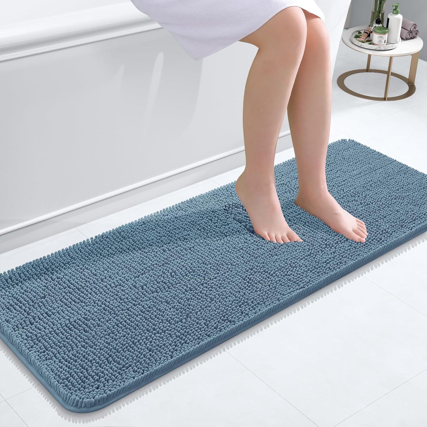 OLANLY Bathroom Rugs 47x17, Extra Soft Absorbent Chenille Bath Rugs, Rubber Backing Quick Dry, Machine Washable Bath Mats for Bathroom Floor, Tub and Shower, Home Decor Accessories, Airy Blue