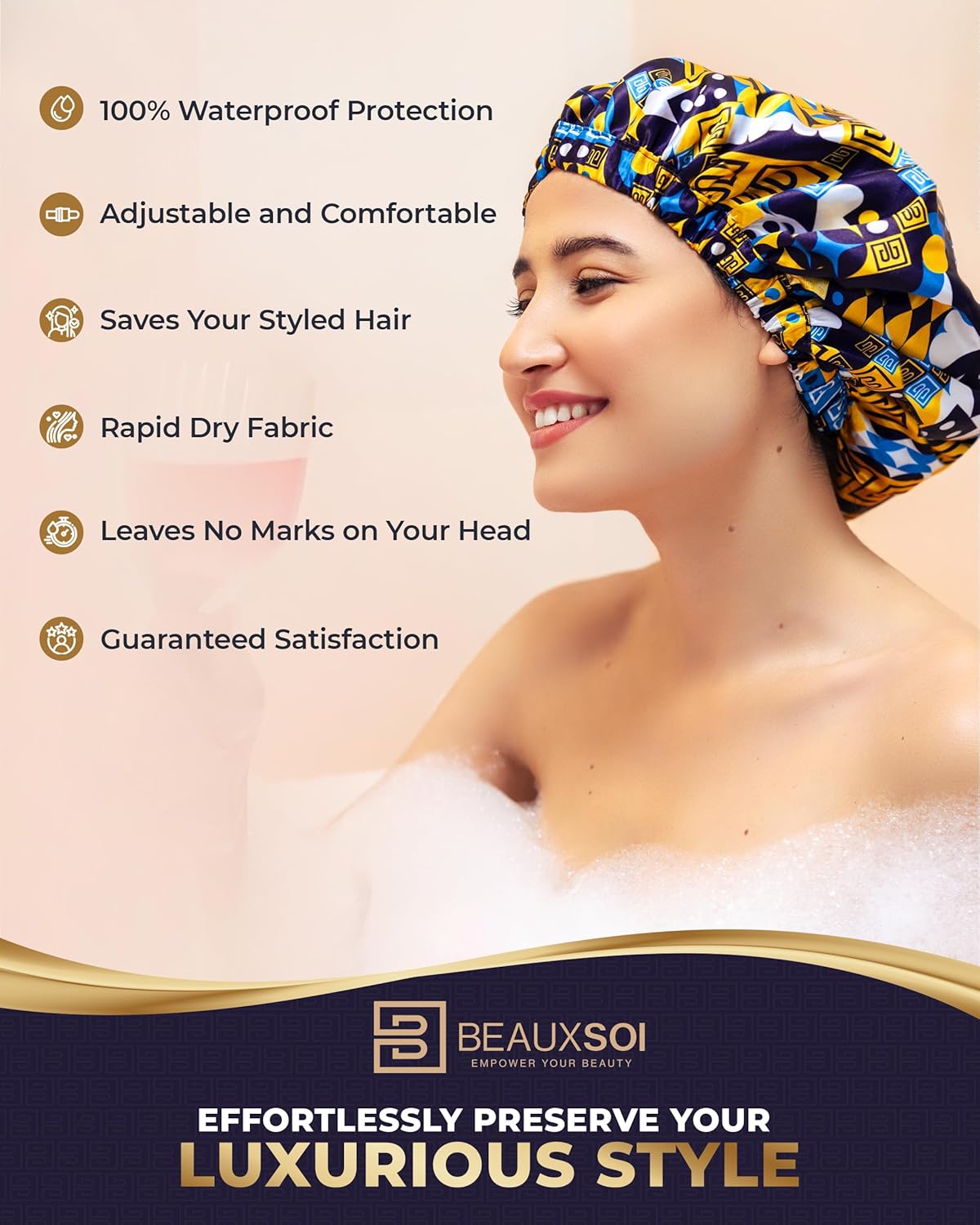Luxury Reusable Waterproof Shower Cap for Women - Satin Lined, Adjustable - Keeps Hair Dry, Durable Hair Bonnet by BEAUXSOI (African Majesty)