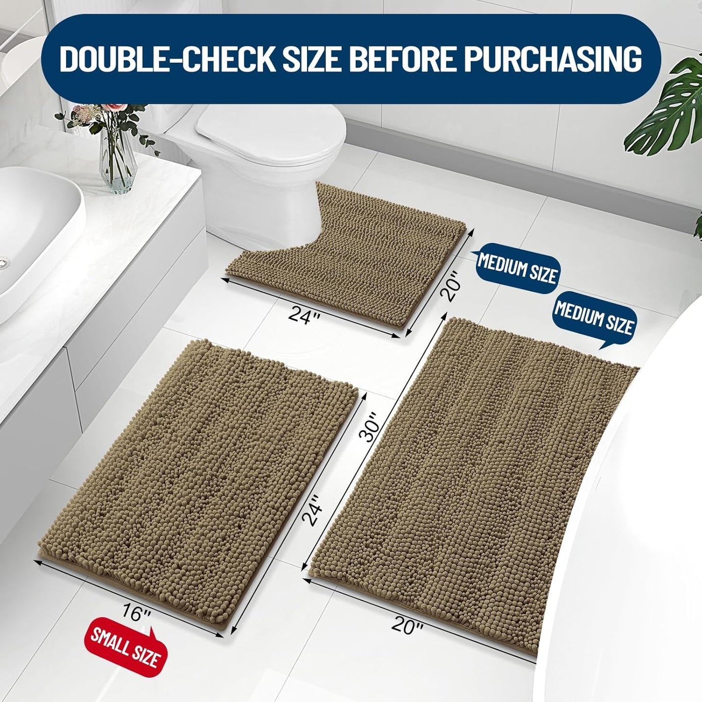 Grandaily Chenille Striped Bathroom Rugs 24x16, Extra Thick and Absorbent Bath Mats, Non-Slip Soft Plush Shaggy Shower Carpet, Machine Wash Dry, Bath Rug for Bathroom, (Small, Tan)