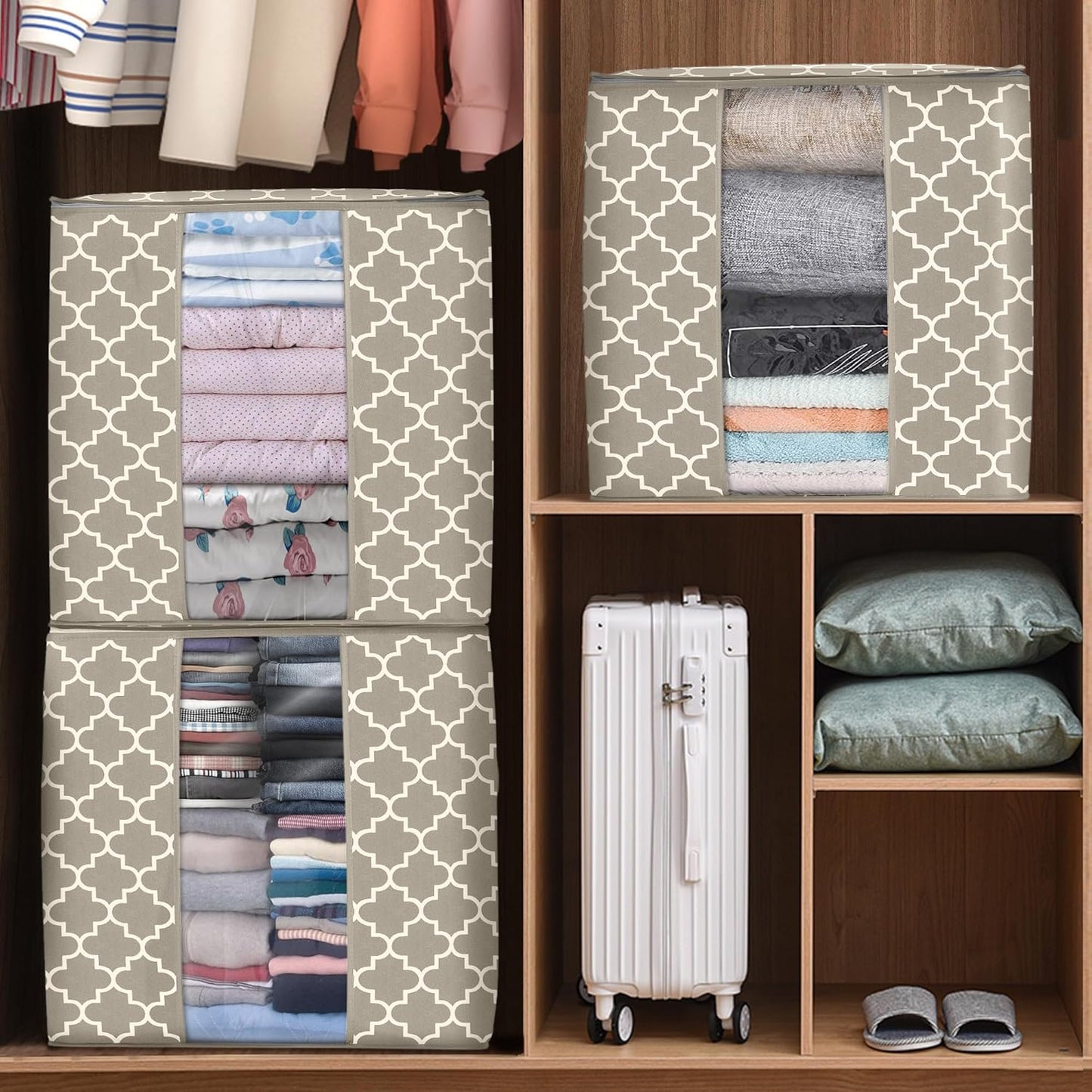 WISELIFE Storage Bags 3 Pack/100L Large Blanket Clothes Organization and Storage Containers for Comforters,Bedding, Foldable Organizer with Reinforced Handle, Clear Window, Sturdy Zippers,Beige