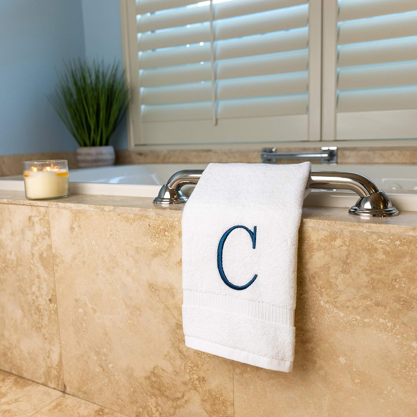 Monogrammed Hand Towels for Bathroom - Luxury Hotel Quality Personalized Initial Decorative Embroidered Bath Towel for Powder Room, Spa - GOTS Organic Certified - Set of 2 Navy Letter C
