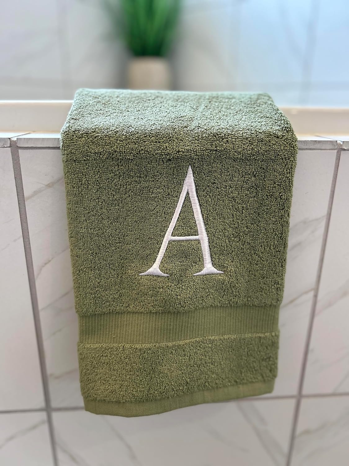 Sage Initial Hand Towel for Bathroom - Monogrammed Luxury Hotel Quality Decorative Embroidered Towel for Powder Room, Spa - GOTS Organic Certified - Set of 2 Letter E