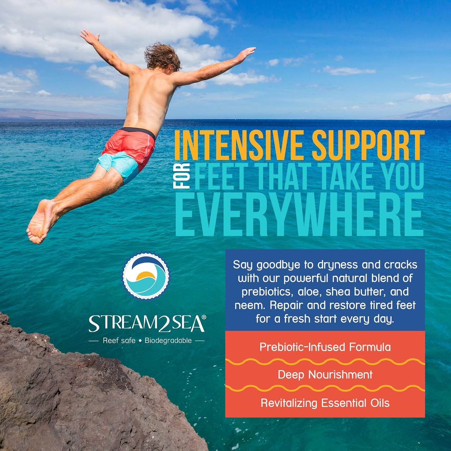 STREAM 2 SEA Active Foot Cream, Intensive Support for Active & Often Wet Feet - Softens Cracked Heels, Calluses & Dry Skin, Enriched with Neem and Tea Tree, Fast-absorbing and Non-greasy - 3 Fl oz