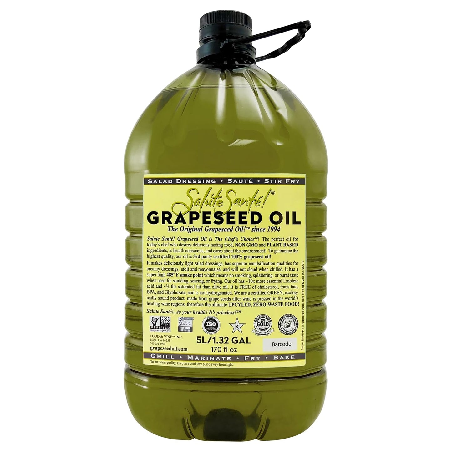 Grapeseed Oil – Cold Pressed & 100% grape oil | “Good Inside and Out” Beauty & Cooking Oil | High-Heat, Non-GMO, Kosher, Vegan | For Skincare, Hair, Massage, Soap & Gourmet Recipes | 5 Liter Jug