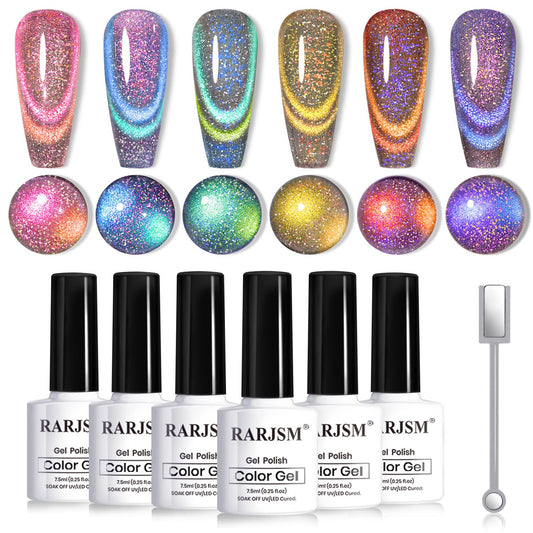 RARJSM 9D Chameleon Glass Cat Eye Gel Nail Polish Set 6Pcs Pink Purple Blue Green Yellow Multi Color Cateye Galaxy Shimmer Gradient Effect with Magnetic Stick UV LED Curing Require Home Salon