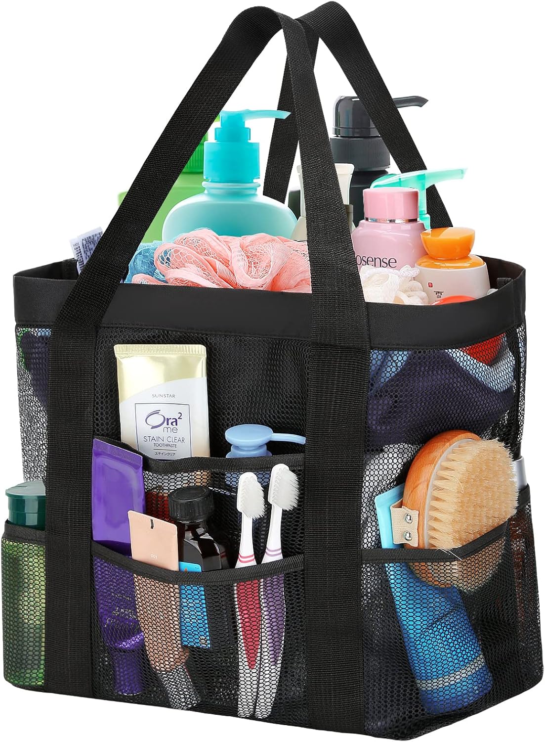 HAOGUAGUA Large Mesh Bathroom Shower Caddy, Mesh Beach Pool Bag, Portable Toiletry Tote Bag for College Dorm Bathroom Gym Swimming (Black)