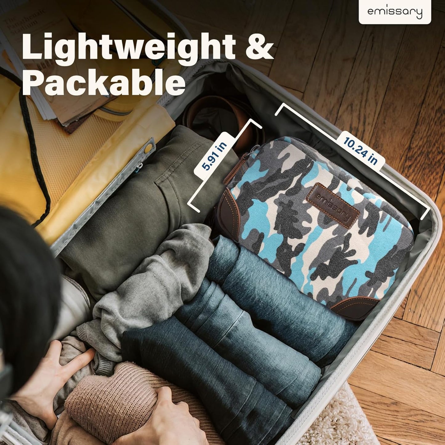 emissary Men's Toiletry Bag, Leather and Canvas Travel Toiletry Bag, Dopp Kit for Men,Bathroom Bag Men's Shaving Kit, Travel Kit Small Bags for Men, Shaving Bag for Travel (Camo-Blue)