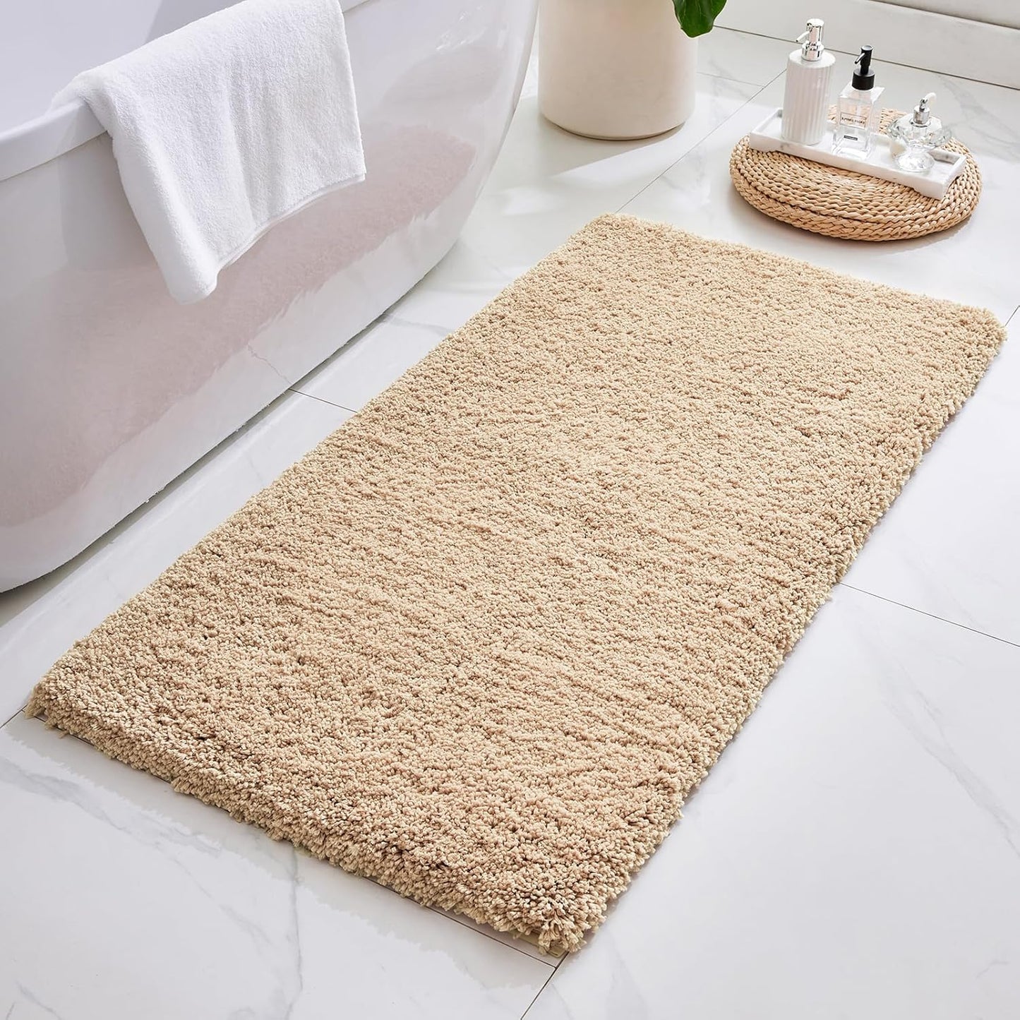 ILANGO Beige Bathroom Rugs 70" × 24" Non Slip & Super Absorbent Extra Thick Soft, Washable Bath Carpet Runner for Floor, Microfiber Plush Shaggy Bath Mats with Rubber for Bedroom Bathtub Shower Room