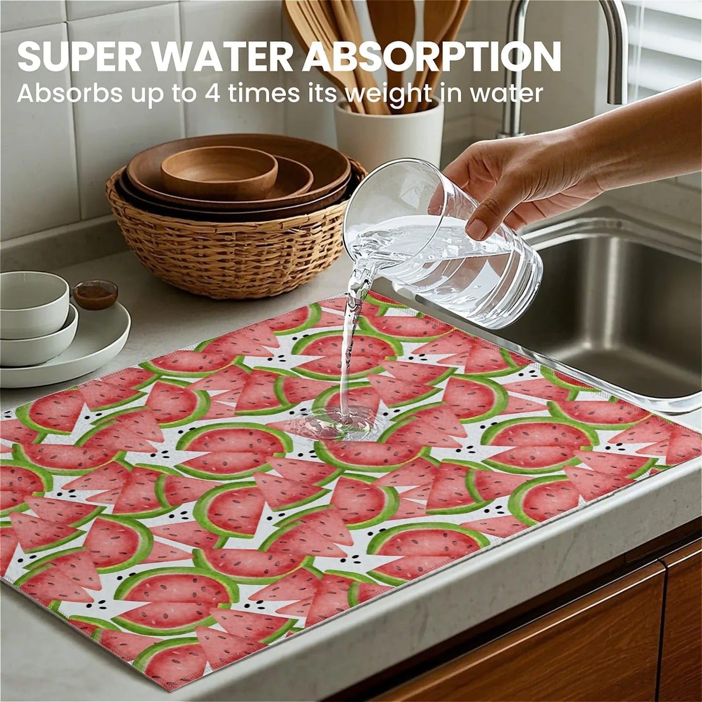 Dish Drying Mat For Kitchen Counter, Big Red Watermelon Microfiber Absorbent Dish Drainer Rack Pad Reusable Large 18x24in Drying Mat