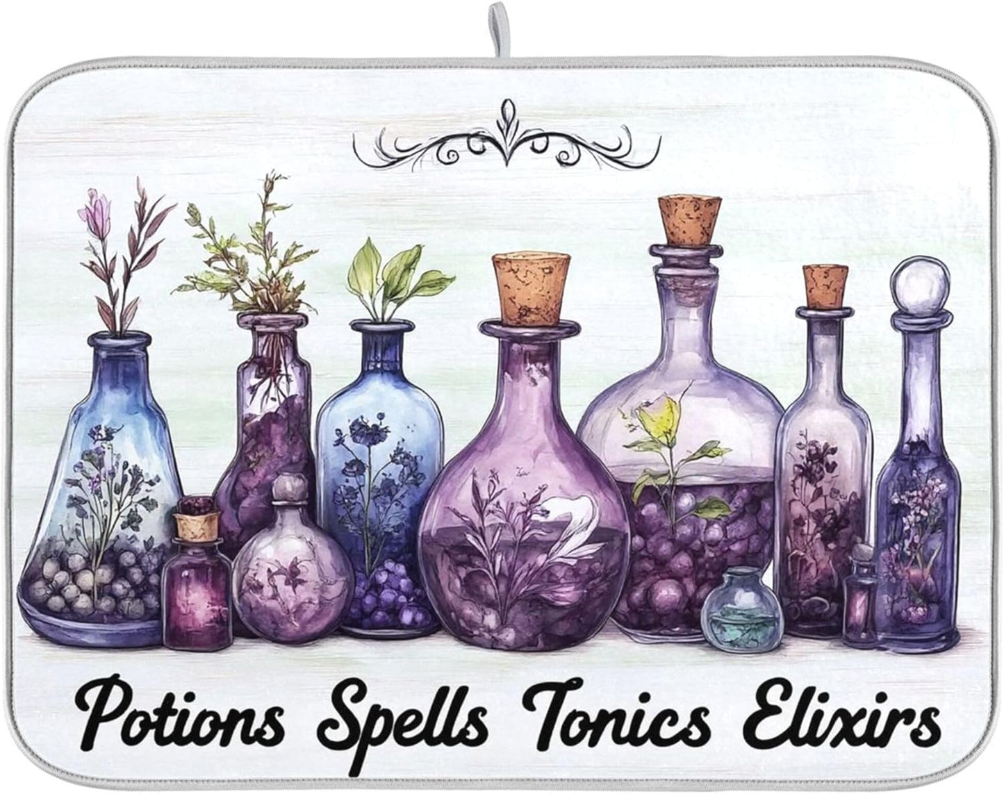 Halloween Potions Dish Drying Mat for Kitchen Countertop 18x24 Witch Herbs Purple Spooky Large Drying Mat Reusable Quick Dry Dish Sink Mats Easy Clean Decorative Essentials