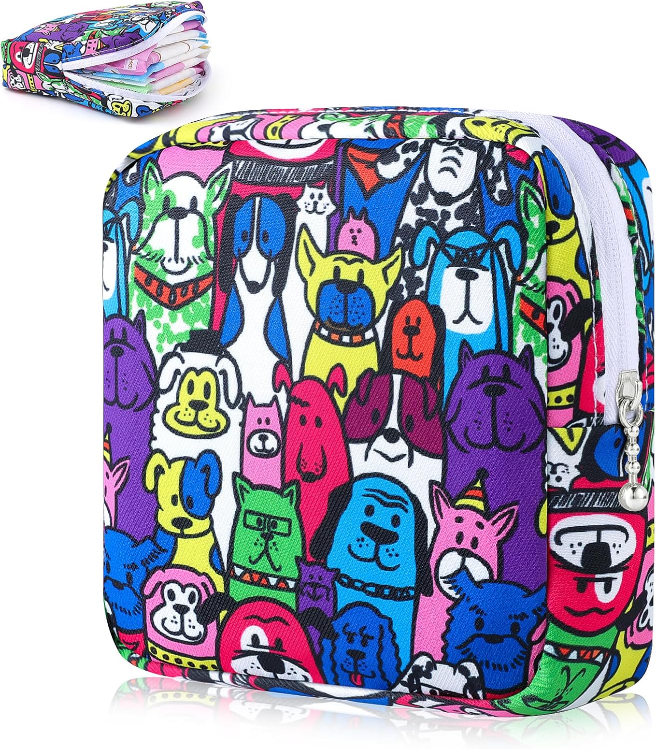 Desing Wish Sanitary Pad Storage Bag Portable Period Bag for Teen Pads/Sanitary Napkins/Small Tampons, Sanitary Napkin Storage Bag First Period Gifts for Teen Girls (Colored Puppy)