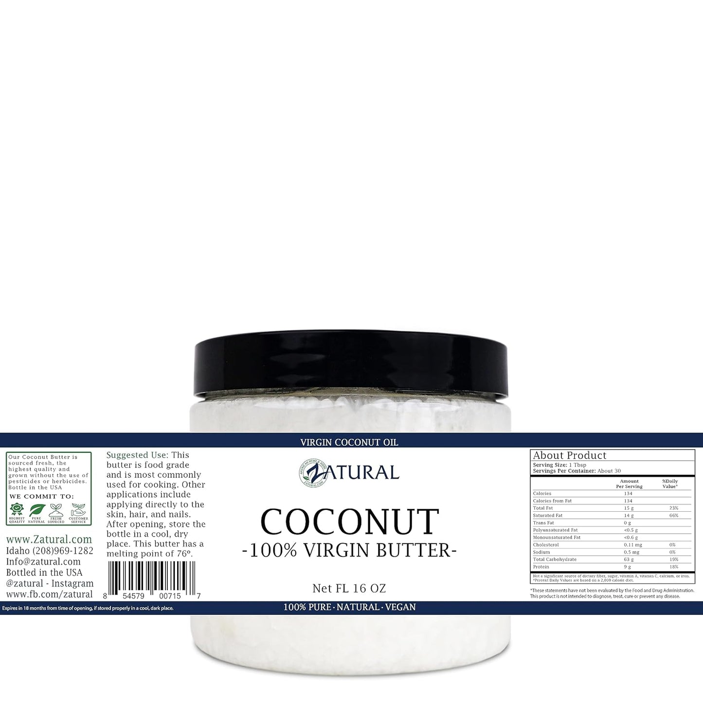 Zatural Coconut Oil, 100% Virgin Organic Extra Virgin Unrefined, Cold Pressed, 8 Pounds (16 Ounce)