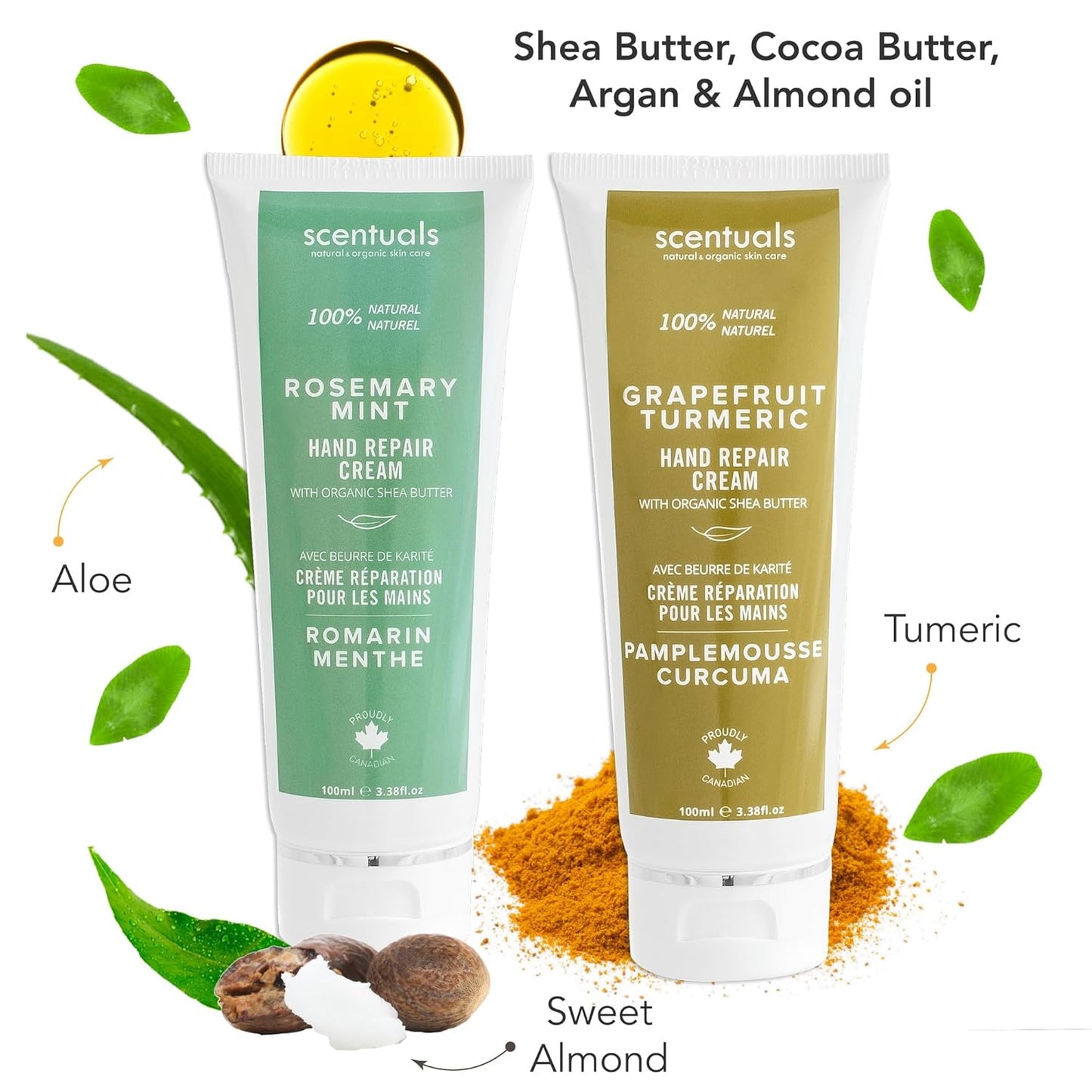 Hand Cream Set of 2, with Shea Butter, Cocoa Butter, Argan & Almond oil, Moisturizing Dry Hands. Rosemary Mint + Grapefruit Turmeric (100ml x 2/3.38 fl.oz x 2)