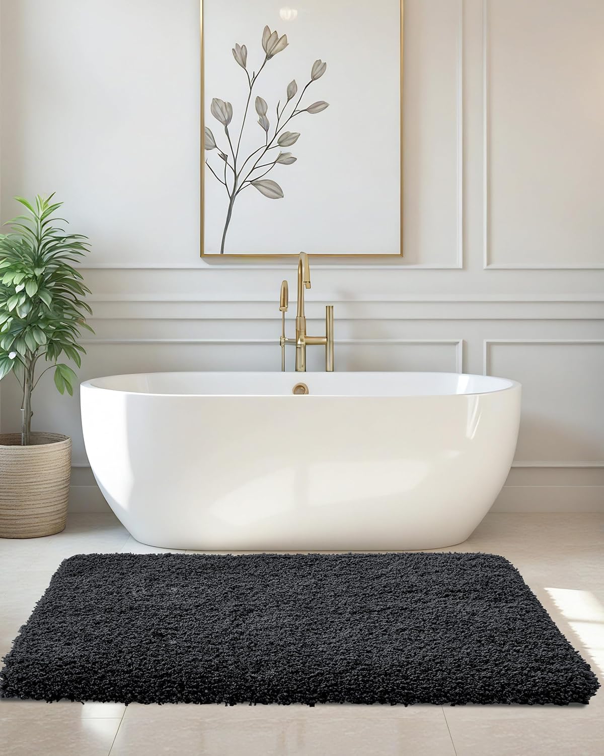 ILANGO Black Bathroom Rugs 48" × 24" Non Slip & Super Absorbent Extra Thick Soft, Washable Bath Mat for Floor, Microfiber Plush Shaggy Bath Rug with Rubber for Bathtub Shower Room Sink